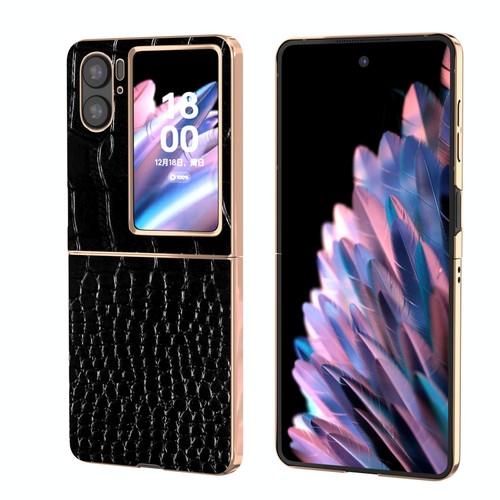 For OPPO Find N2 Flip Crocodile Texture Genuine Leather Nano Electroplating Phone Case(Black)