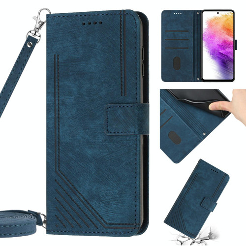 For Samsung Galaxy A21s Skin Feel Stripe Pattern Leather Phone Case with Lanyard(Blue)