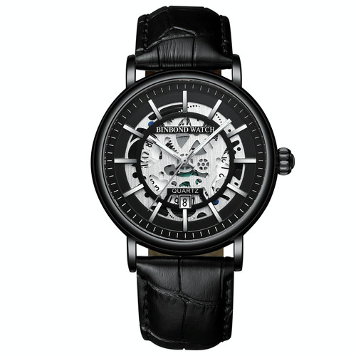 BINBOND B7872 Multifunctional Hollow Luminous Waterproof Quartz Watch, Color: Black Leather-Black-Black BINBOND B7872 Multifunctional Hollow Luminous Waterproof Quartz Watch, Color: Black Leather-Black-Black