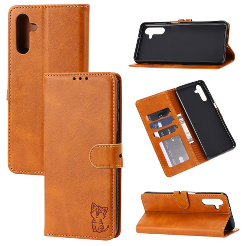 For Samsung Galaxy A54 5G Embossed Happy Cat Pattern Flip Leather Phone Case(Yellow)