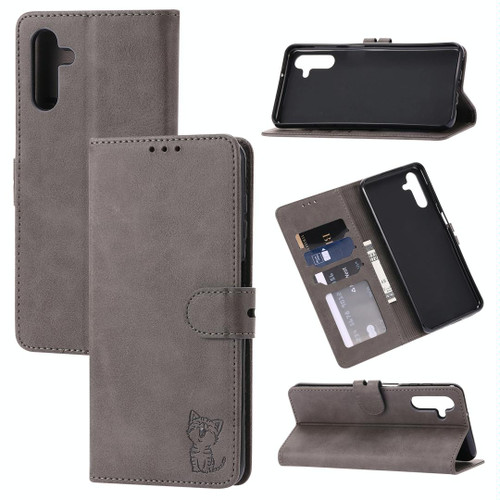For Samsung Galaxy A54 5G Embossed Happy Cat Pattern Flip Leather Phone Case(Grey)
