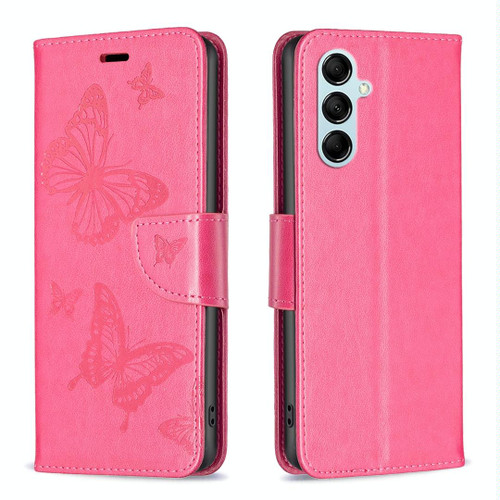 For Samsung Galaxy M14 5G Two Butterflies Embossing Leather Phone Case(Rose Red)