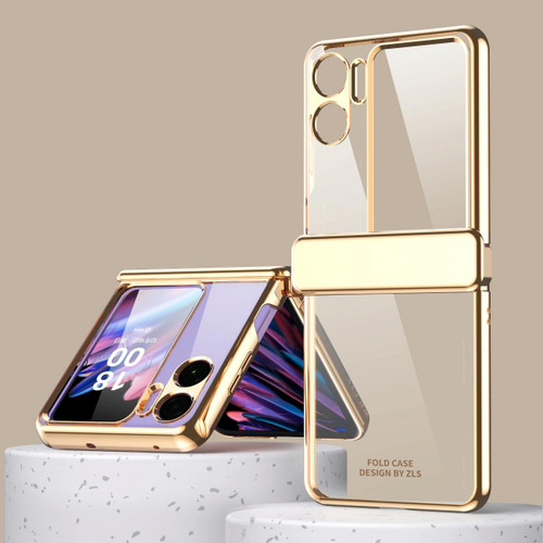 For OPPO Find N2 Flip Electroplating Frame Hinge Transparent Phone Case with Protective Film(Champagne Gold)