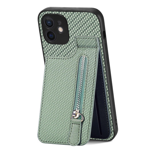 For iPhone 12 mini Carbon Fiber Vertical Flip Zipper Phone Case(Green)