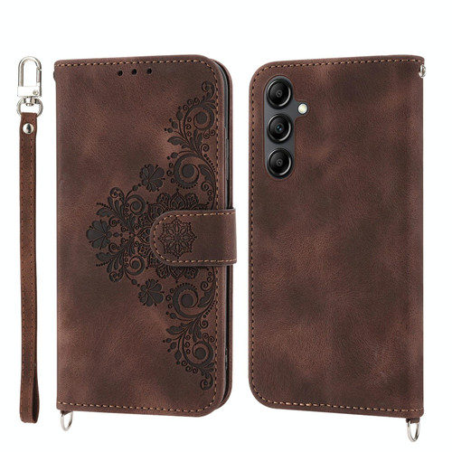 For Samsung Galaxy A34 Skin-feel Flowers Embossed Wallet Leather Phone Case(Brown)