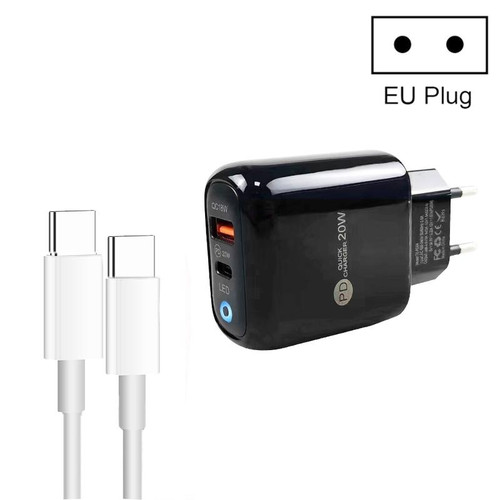 PD04 Type-C + USB Mobile Phone Charger with Type-C to Type-C Cable, EU Plug(Black)