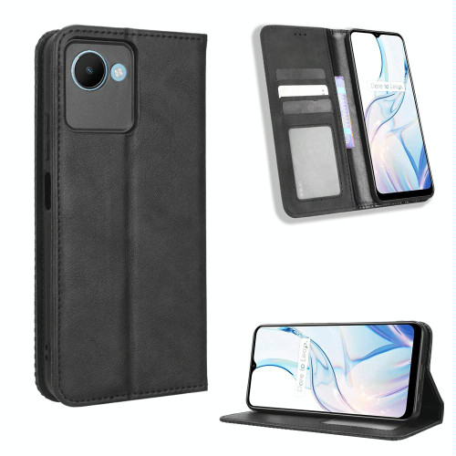 For Realme C30 / C30s Magnetic Buckle Retro Texture Leather Phone Case(Black) For Realme C30 / C30s Magnetic Buckle Retro Texture Leather Phone Case(Black)