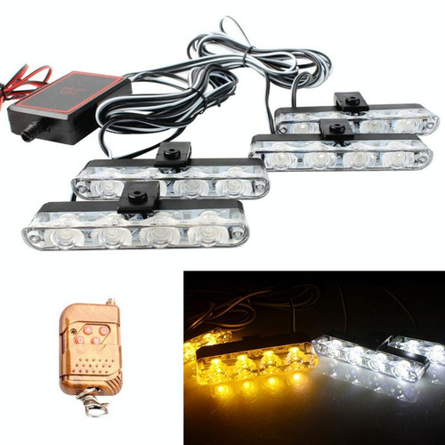4 in 1 Car 16LEDs Grille Flash Lights Warning Lights with Wireless Remote Control(White Yellow)