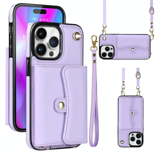 For iPhone 14 Pro RFID Card Slot Phone Case with Long Lanyard(Purple) For iPhone 14 Pro RFID Card Slot Phone Case with Long Lanyard(Purple)