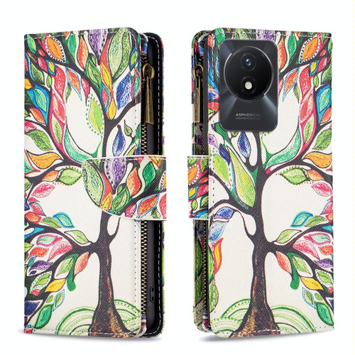 For vivo Y02 4G Colored Drawing Pattern Zipper Leather Phone Case(Big Tree)
