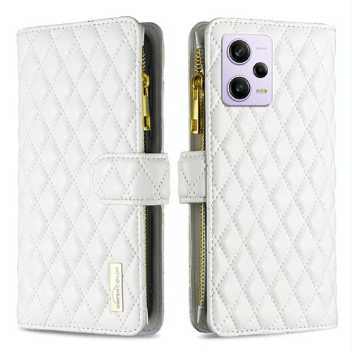 For Xiaomi Redmi Note 12 Pro+ Global Diamond Lattice Zipper Wallet Leather Flip Phone Case(White)