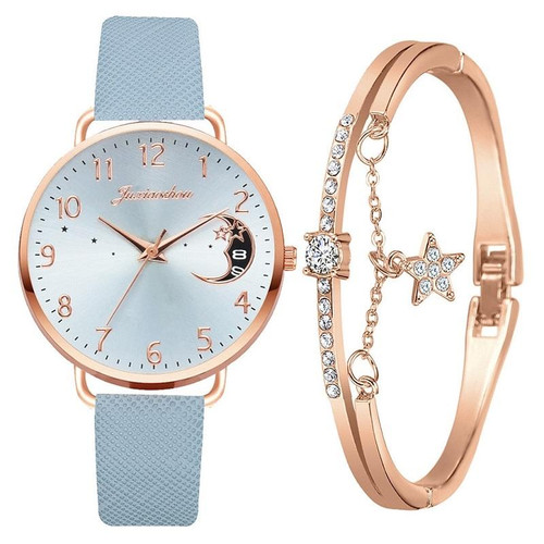 Ladies Moon Pattern Dial PU Strap Quartz Watch, Color: Tianlan+Bracelet