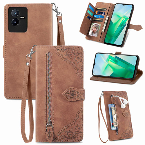 For vivo T2X 5G Embossed Flower Shockproof Leather Phone Case(Brown) For vivo T2X 5G Embossed Flower Shockproof Leather Phone Case(Brown)