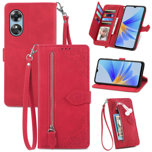For OPPO A17 Embossed Flower Shockproof Leather Phone Case(Red)