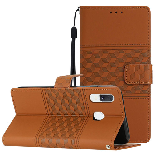 For Samsung Galaxy A40 Diamond Embossed Skin Feel Leather Phone Case with Lanyard(Brown)