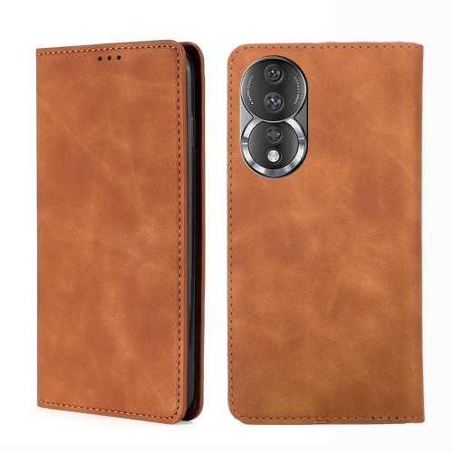 For Honor 80 Skin Feel Magnetic Horizontal Flip Leather Phone Case(Light Brown)