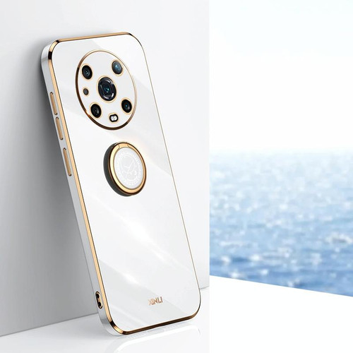 For Honor Magic4 Pro XINLI Straight Edge 6D Electroplate TPU Phone Case with Ring Holder(White)