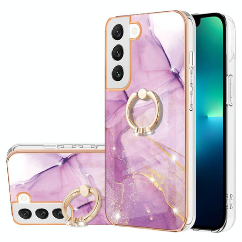 For Samsung Galaxy S23+ 5G Electroplating Marble IMD TPU Phone Case with Ring Holder(Purple 001)