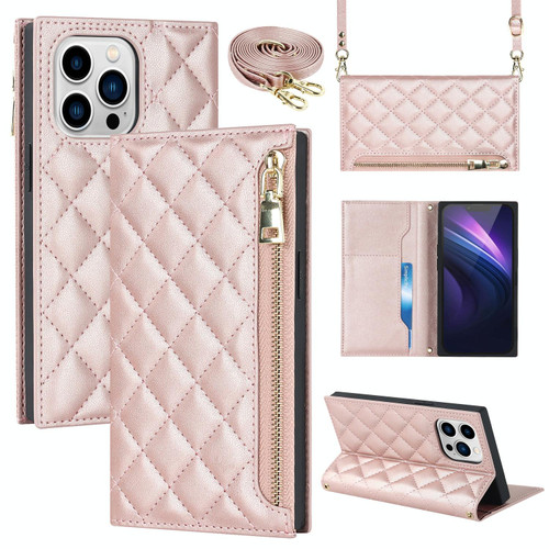 For iPhone 14 Pro Grid Texture Lanyard Zipper Leather Phone Case(Rose Gold) For iPhone 14 Pro Grid Texture Lanyard Zipper Leather Phone Case(Rose Gold)