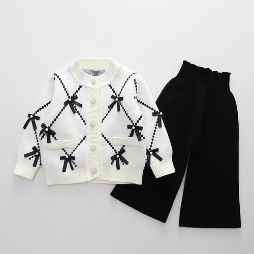 Girls Cardigan Sweater + Wide-Legged Pants Set Autumn And Winter Knitting Two-Piece Kit, Size: 120cm(Beige) Girls Cardigan Sweater + Wide-Legged Pants Set Autumn And Winter Knitting Two-Piece Kit, Size: 120cm(Beige)