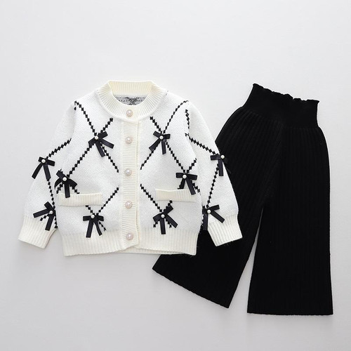 Girls Cardigan Sweater + Wide-Legged Pants Set Autumn And Winter Knitting Two-Piece Kit, Size: 130cm(Beige) Girls Cardigan Sweater + Wide-Legged Pants Set Autumn And Winter Knitting Two-Piece Kit, Size: 130cm(Beige)