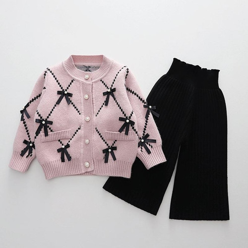 Girls Cardigan Sweater + Wide-Legged Pants Set Autumn And Winter Knitting Two-Piece Kit, Size: 120cm(Pink) Girls Cardigan Sweater + Wide-Legged Pants Set Autumn And Winter Knitting Two-Piece Kit, Size: 120cm(Pink)
