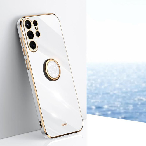 For Samsung Galaxy S23 Ultra 5G XINLI Straight Edge 6D Electroplate TPU Phone Case with Ring Holder(White)