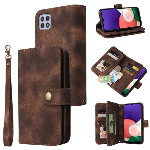 For Samsung Galaxy A22 5G Multifunctional Card Slot Zipper Wallet Leather Phone Case(Brown)