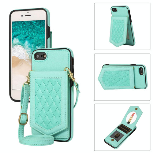 For iPhone SE 2022 / SE 2020 / 8 / 7 Rhombic Texture RFID Phone Case with Lanyard & Mirror(Mint Green)