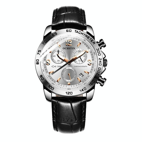 OCHSTIN 6123C Multifunctional Quartz Waterproof Luminous Men Leather Watch(Silver Black 01)
