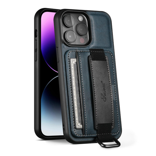 For iPhone 11 Pro Max Suteni H13 Card Wallet Wrist Strap Holder PU Phone Case(Blue)