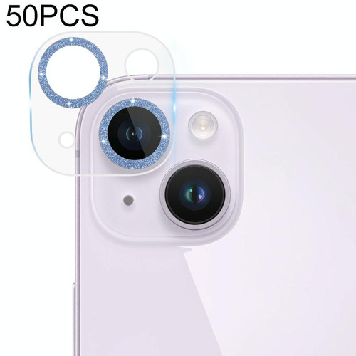 For iPhone 14 / 14 Plus 50pcs Tempered Glass Glitter CD Texture Back Camera Film(Blue)