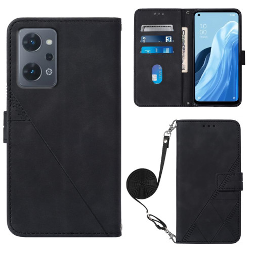 For OPPO Reno7 A JP Edition Crossbody 3D Embossed Flip Leather Phone Case(Black)