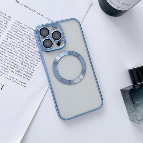 For iPhone 14 Pro MagSafe Electroplated Magnetic TPU Phone Case with Dust Filter & Lens Film(Blue)