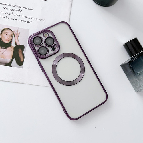 For iPhone 14 MagSafe Electroplated Magnetic TPU Phone Case with Dust Filter & Lens Film(Purple)