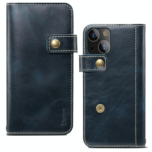 For iPhone 14 Denior Oil Wax Cowhide DK Magnetic Button Leather Phone Case(Dark Blue)