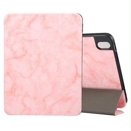 For iPad 10th Gen 10.9 2022 Three-fold Marble Texture Protective Tablet Case with Pen Slot(Pink)