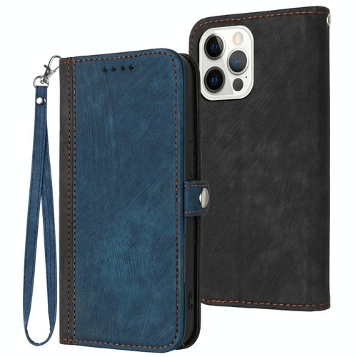 For iPhone 13 Pro Side Buckle Double Fold Hand Strap Leather Phone Case(Royal Blue)