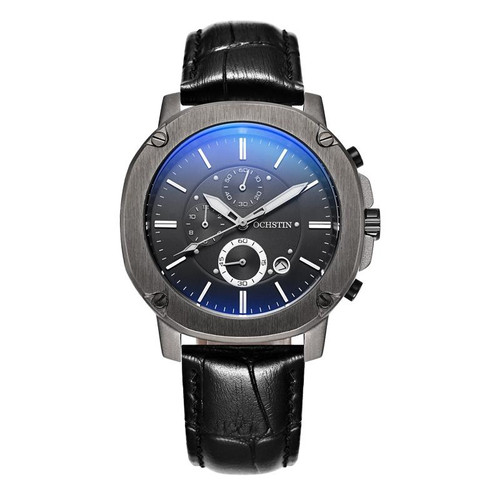 Ochstin 5039C Multifunctional Business Men Watch Luminous Waterproof Leather Quartz Watch(Black+Silver+Black)