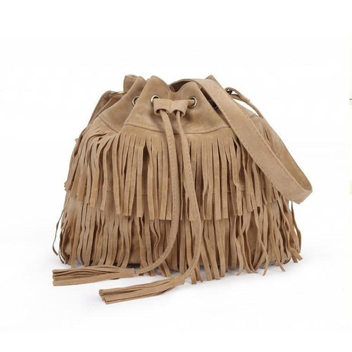 Frosted Tassel Bucket Bag Single Shoulder Crossbody Bag For Women(Almond)