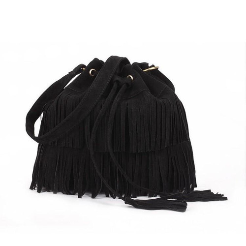 Frosted Tassel Bucket Bag Single Shoulder Crossbody Bag For Women(Black)