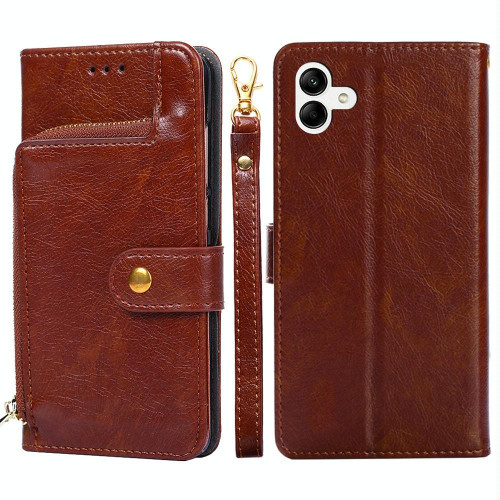 For Samsung Galaxy A04 Zipper Bag Flip Leather Phone Case(Brown)