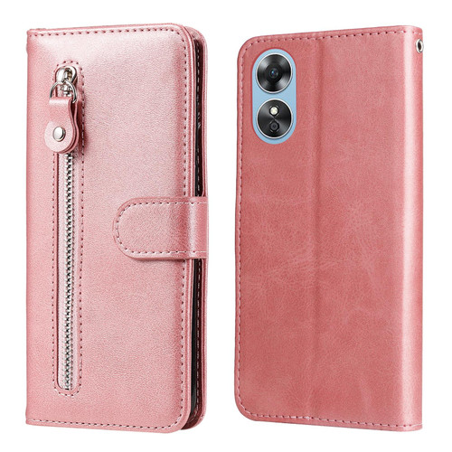 For OPPO A17 Calf Texture Zipper Leather Phone Case(Rose Gold)
