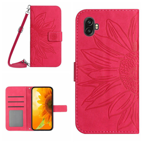 For Samsung Galaxy Xcover6 Pro Skin Feel Sun Flower Pattern Flip Leather Phone Case with Lanyard(Rose Red)