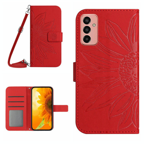 For Samsung Galaxy M23 5G Skin Feel Sun Flower Pattern Flip Leather Phone Case with Lanyard(Red)