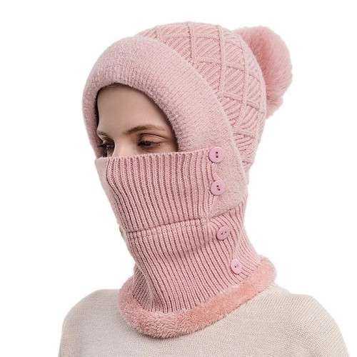 Women One-piece Hat Scarf Warm Knitted Hat Plus Velvet Overhead Cap(Pink)