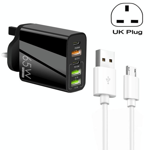 65W Dual PD Type-C + 3 x USB Multi Port Charger with 3A USB to Micro USB Data Cable, UK Plug(Black)