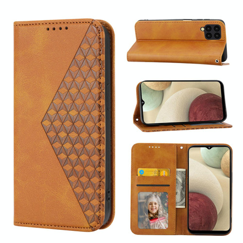 For Samsung Galaxy A12 5G Cubic Grid Calf Texture Magnetic Closure Leather Phone Case(Yellow)