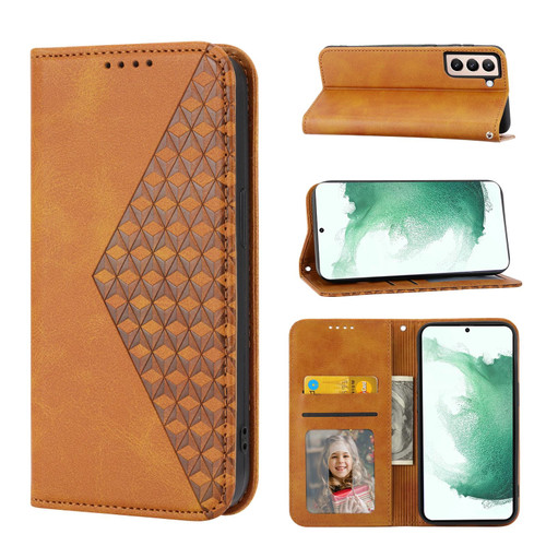 For Samsung Galaxy S21 FE 5G Cubic Grid Calf Texture Magnetic Closure Leather Phone Case(Yellow)