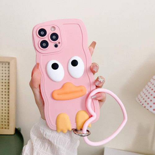 For iPhone 14 Pro Max Wave Edge Big Duck Silicone Phone Case with Wristband(Pink)